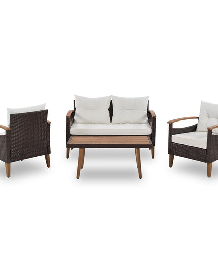 Three Piece Outdoor Beige Rattan Sofa Seating Group with Beige Cushions