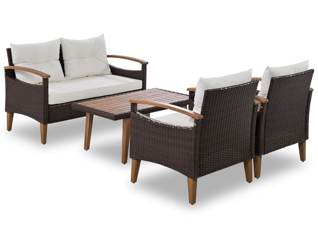 Three Piece Outdoor Beige Rattan Sofa Seating Group with Beige Cushions