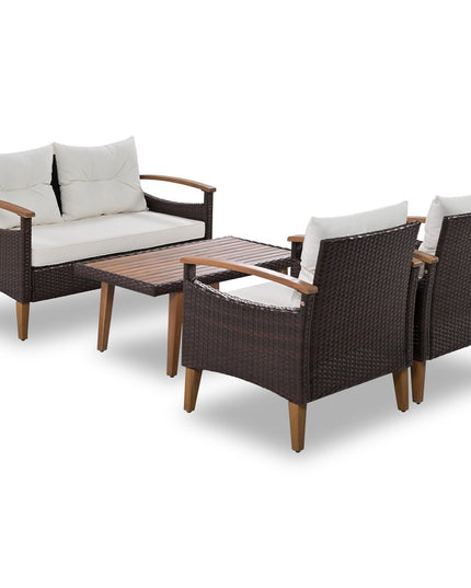 Three Piece Outdoor Beige Rattan Sofa Seating Group with Beige Cushions