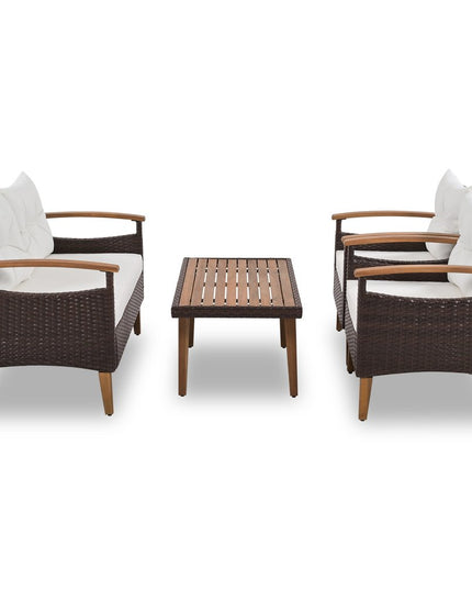 Three Piece Outdoor Beige Rattan Sofa Seating Group with Beige Cushions