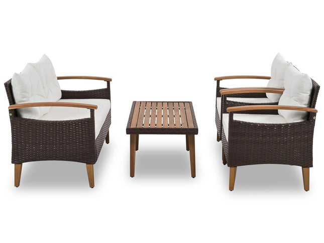 Three Piece Outdoor Beige Rattan Sofa Seating Group with Beige Cushions