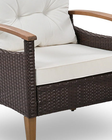 Three Piece Outdoor Beige Rattan Sofa Seating Group with Beige Cushions