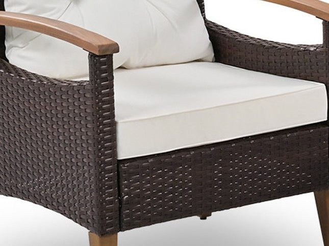 Three Piece Outdoor Beige Rattan Sofa Seating Group with Beige Cushions