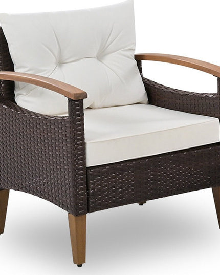 Three Piece Outdoor Beige Rattan Sofa Seating Group with Beige Cushions
