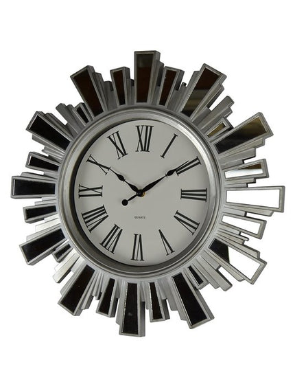 19" Silver And Clear Mirrored Glass And Heavy Duty Plastic Silent Analog Sunburst Wall Clock