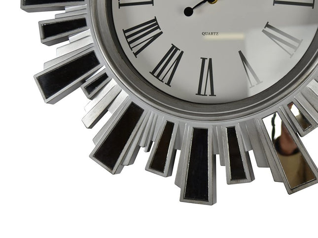 19" Silver And Clear Mirrored Glass And Heavy Duty Plastic Silent Analog Sunburst Wall Clock