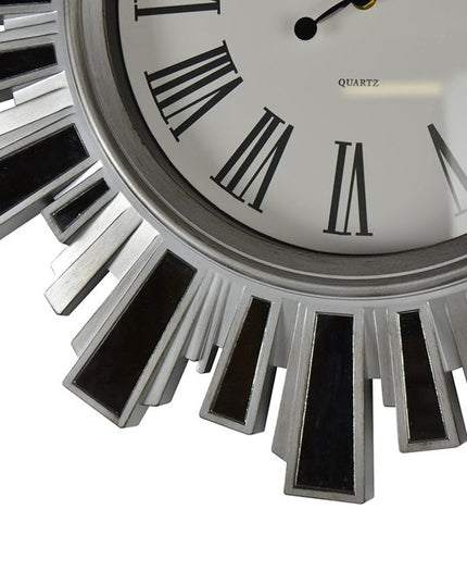 19" Silver And Clear Mirrored Glass And Heavy Duty Plastic Silent Analog Sunburst Wall Clock