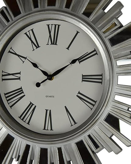 19" Silver And Clear Mirrored Glass And Heavy Duty Plastic Silent Analog Sunburst Wall Clock