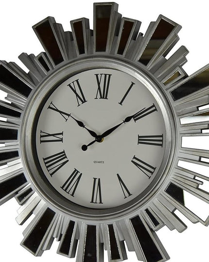 19" Silver And Clear Mirrored Glass And Heavy Duty Plastic Silent Analog Sunburst Wall Clock
