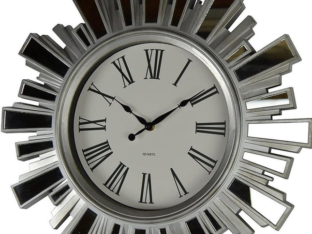 19" Silver And Clear Mirrored Glass And Heavy Duty Plastic Silent Analog Sunburst Wall Clock
