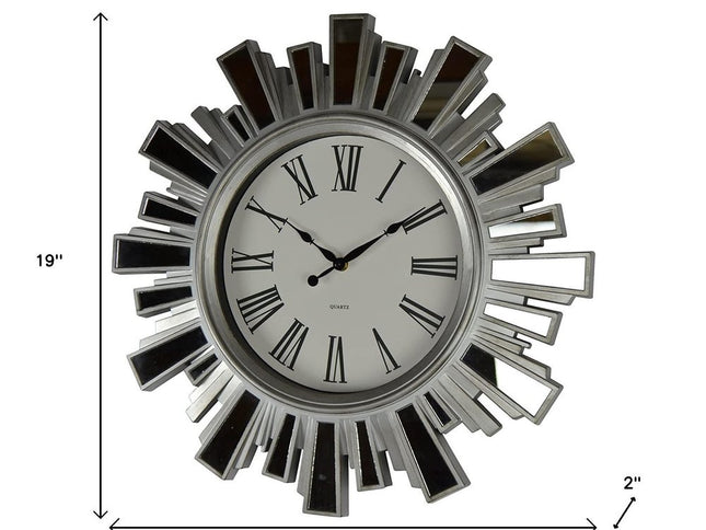 19" Silver And Clear Mirrored Glass And Heavy Duty Plastic Silent Analog Sunburst Wall Clock