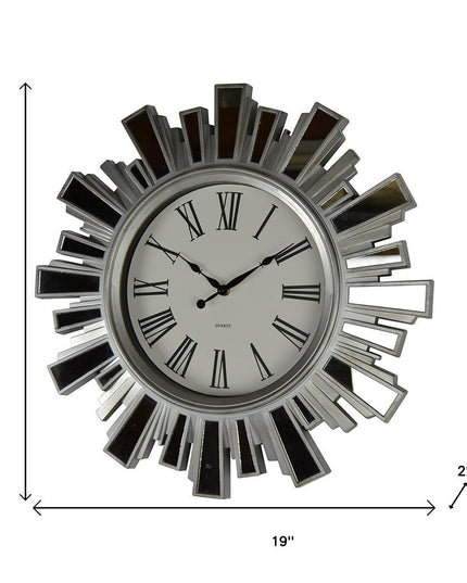 19" Silver And Clear Mirrored Glass And Heavy Duty Plastic Silent Analog Sunburst Wall Clock