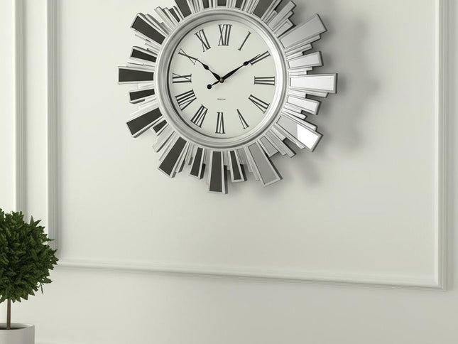19" Silver And Clear Mirrored Glass And Heavy Duty Plastic Silent Analog Sunburst Wall Clock