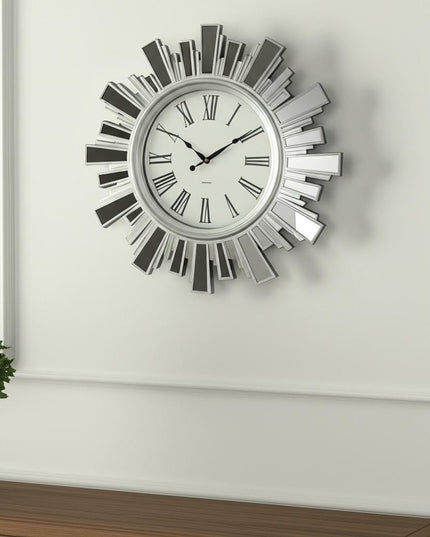 19" Silver And Clear Mirrored Glass And Heavy Duty Plastic Silent Analog Sunburst Wall Clock