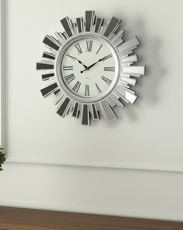 19" Silver And Clear Mirrored Glass And Heavy Duty Plastic Silent Analog Sunburst Wall Clock