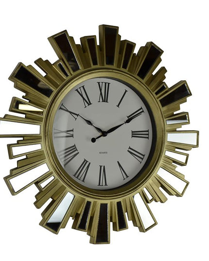 19" Gold And Clear Mirrored Glass And Heavy Duty Plastic Silent Analog Sunburst Wall Clock