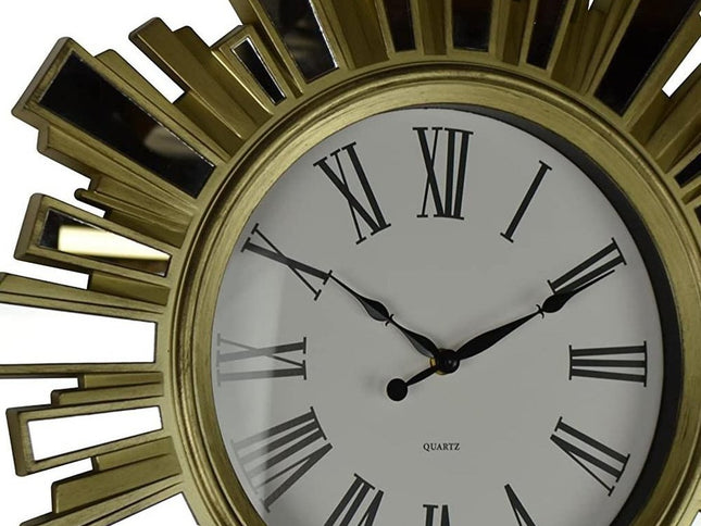 19" Gold And Clear Mirrored Glass And Heavy Duty Plastic Silent Analog Sunburst Wall Clock