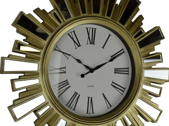 19" Gold And Clear Mirrored Glass And Heavy Duty Plastic Silent Analog Sunburst Wall Clock
