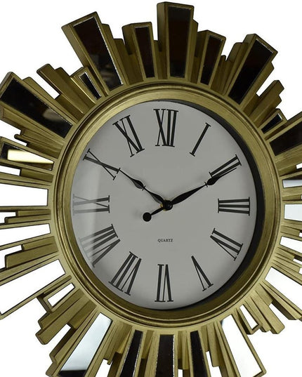 19" Gold And Clear Mirrored Glass And Heavy Duty Plastic Silent Analog Sunburst Wall Clock