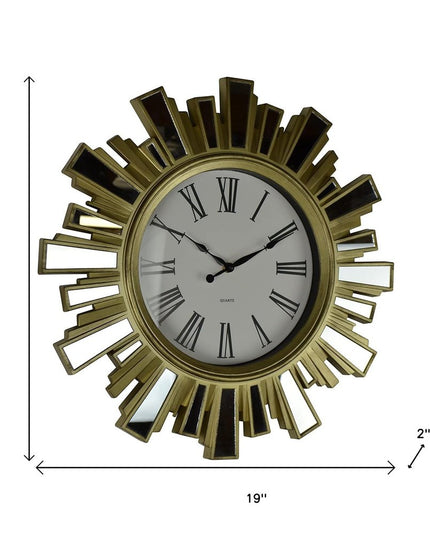 19" Gold And Clear Mirrored Glass And Heavy Duty Plastic Silent Analog Sunburst Wall Clock