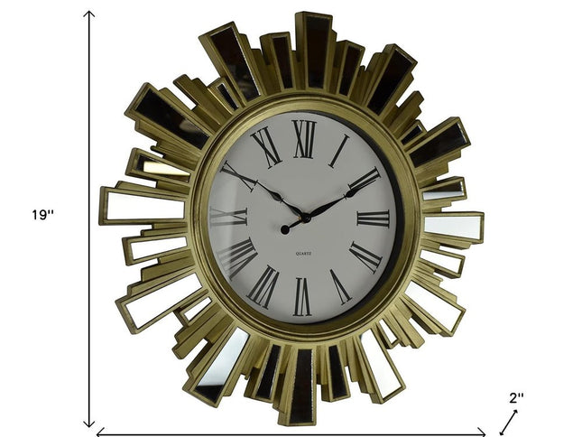 19" Gold And Clear Mirrored Glass And Heavy Duty Plastic Silent Analog Sunburst Wall Clock