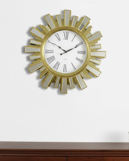 19" Gold And Clear Mirrored Glass And Heavy Duty Plastic Silent Analog Sunburst Wall Clock