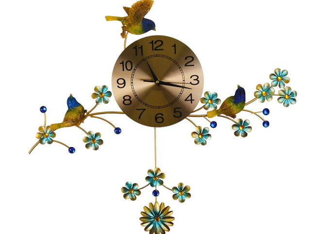 24" Blue Green And Gold Metal Silent Pendulum Floral Wall Clock