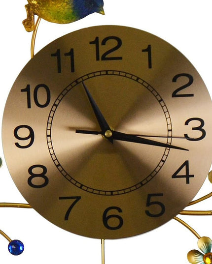 24" Blue Green And Gold Metal Silent Pendulum Floral Wall Clock