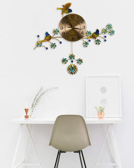 24" Blue Green And Gold Metal Silent Pendulum Floral Wall Clock