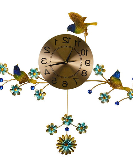 24" Blue Green And Gold Metal Silent Pendulum Floral Wall Clock