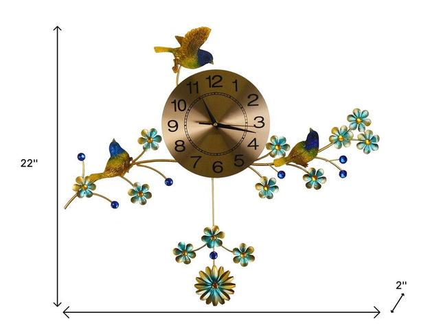 24" Blue Green And Gold Metal Silent Pendulum Floral Wall Clock