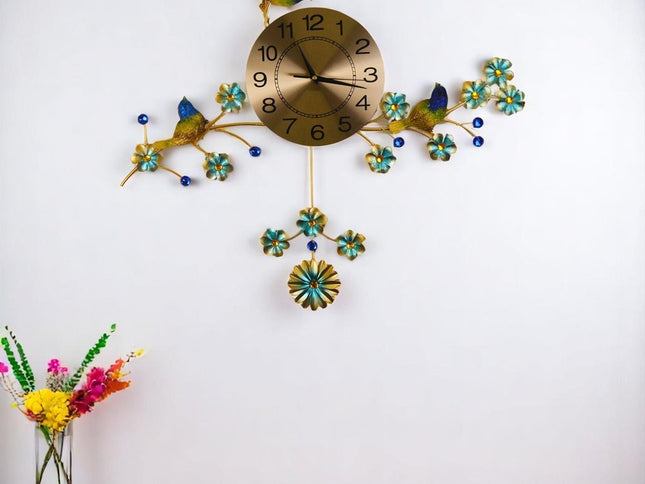 24" Blue Green And Gold Metal Silent Pendulum Floral Wall Clock