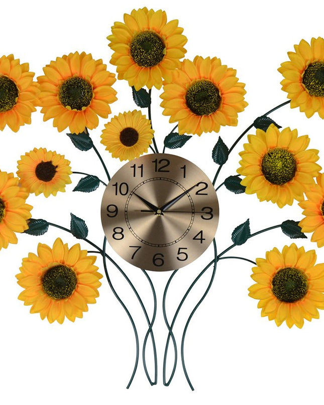 31" Yellow Green And Gold Metal Silent Analog Sunflower Floral Wall Clock