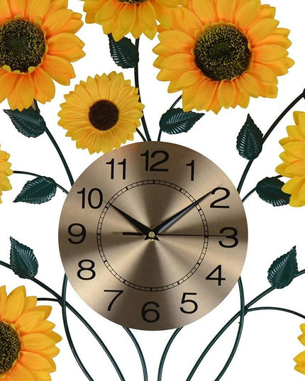 31" Yellow Green And Gold Metal Silent Analog Sunflower Floral Wall Clock