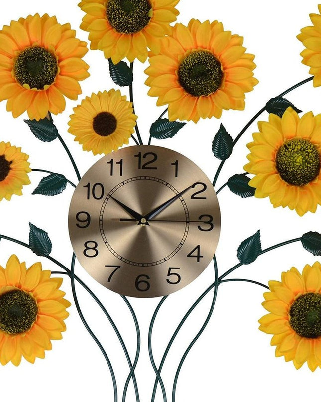31" Yellow Green And Gold Metal Silent Analog Sunflower Floral Wall Clock