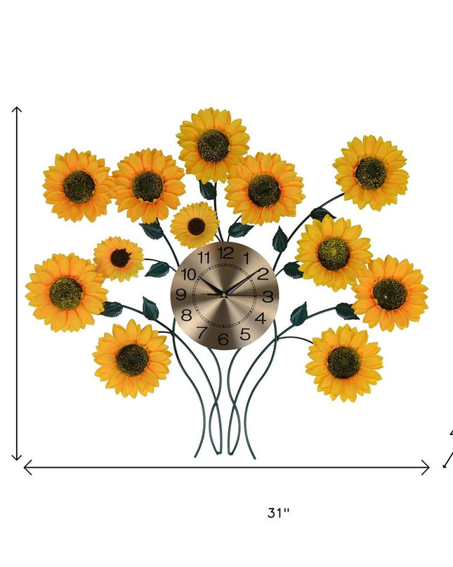 31" Yellow Green And Gold Metal Silent Analog Sunflower Floral Wall Clock