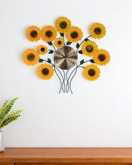 31" Yellow Green And Gold Metal Silent Analog Sunflower Floral Wall Clock