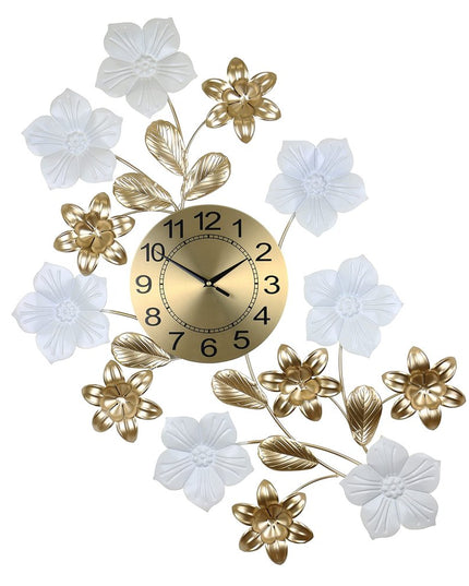 26" Gold White And Black Metal Silent Analog Floral Wall Clock