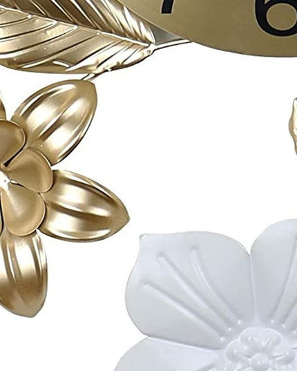 26" Gold White And Black Metal Silent Analog Floral Wall Clock
