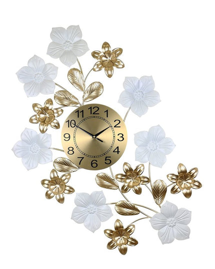 26" Gold White And Black Metal Silent Analog Floral Wall Clock