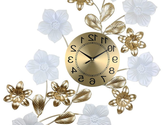 26" Gold White And Black Metal Silent Analog Floral Wall Clock