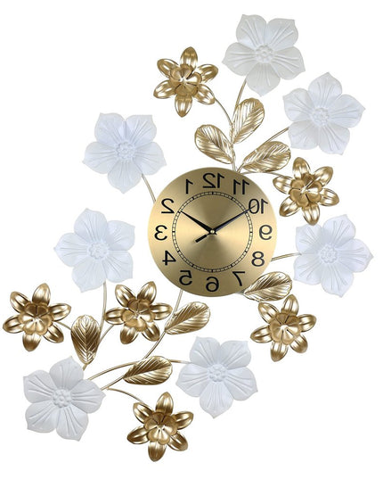 26" Gold White And Black Metal Silent Analog Floral Wall Clock