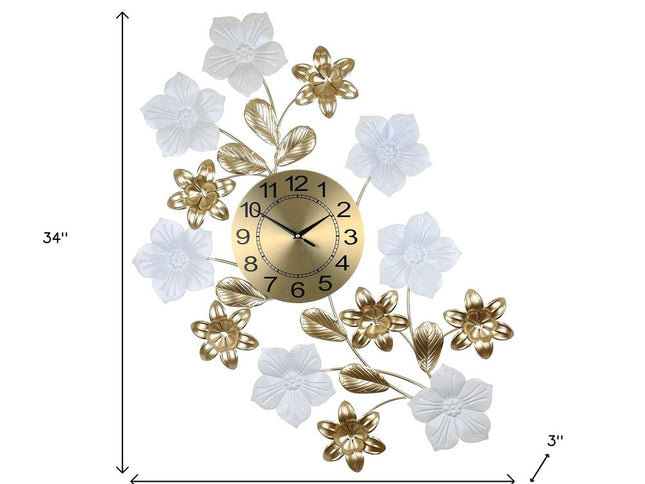 26" Gold White And Black Metal Silent Analog Floral Wall Clock
