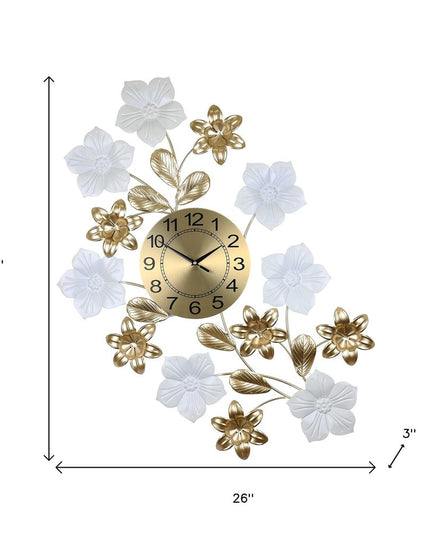 26" Gold White And Black Metal Silent Analog Floral Wall Clock