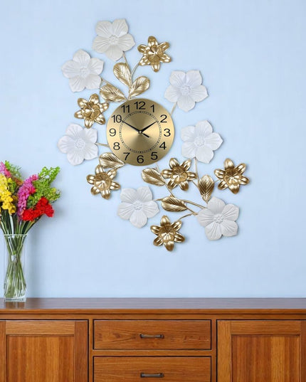 26" Gold White And Black Metal Silent Analog Floral Wall Clock