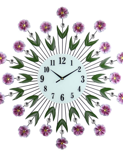 27" Purple Green And White Metal and Glass Silent Analog Floral Round Wall Clock