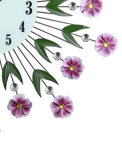 27" Purple Green And White Metal and Glass Silent Analog Floral Round Wall Clock