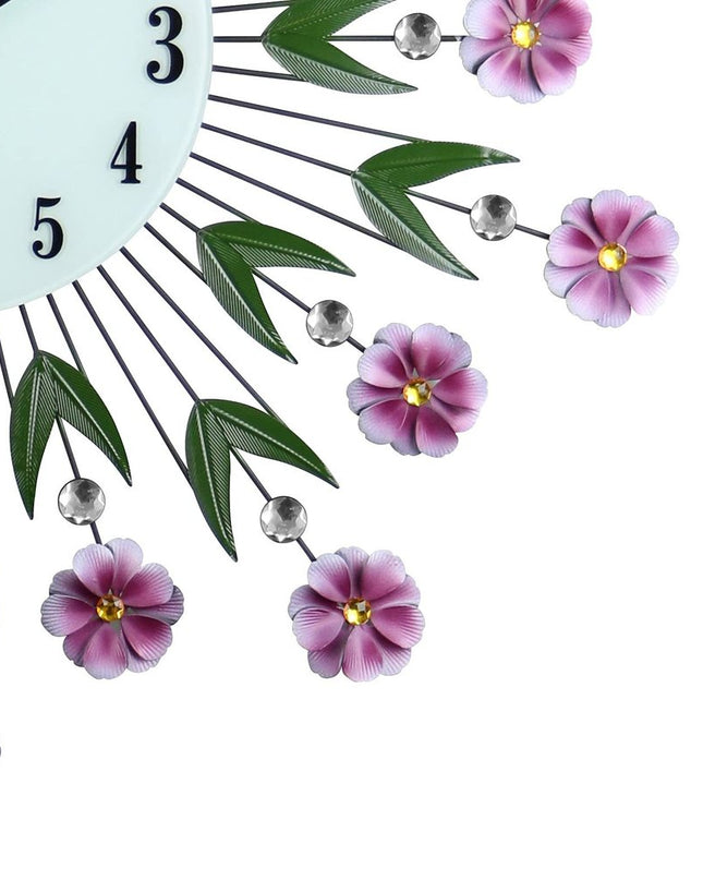 27" Purple Green And White Metal and Glass Silent Analog Floral Round Wall Clock