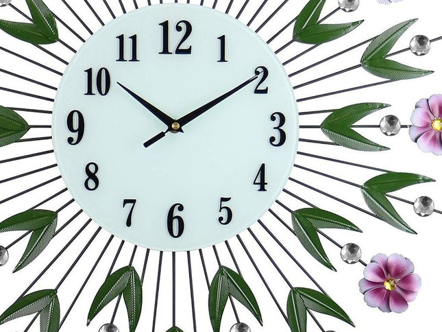 27" Purple Green And White Metal and Glass Silent Analog Floral Round Wall Clock