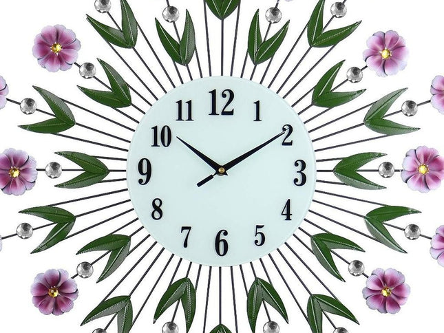 27" Purple Green And White Metal and Glass Silent Analog Floral Round Wall Clock